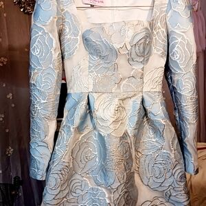Elegant Silver Blue and White Floral Dress